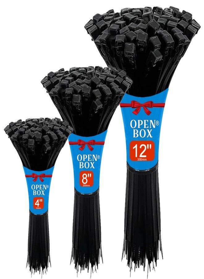 OPENBOX® 4, 8, 12 Inch Cable Ties (Pack of 300) 100 Pieces Each Size Combo Heavy Duty Zip Ties, Nylon Wire Organizer Cable tie, Zip Tie, for Cable Management (Black) - Image 1